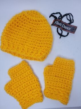 Handmade Knitted Yellow Crochet Hat and Fingerless Gloves Set